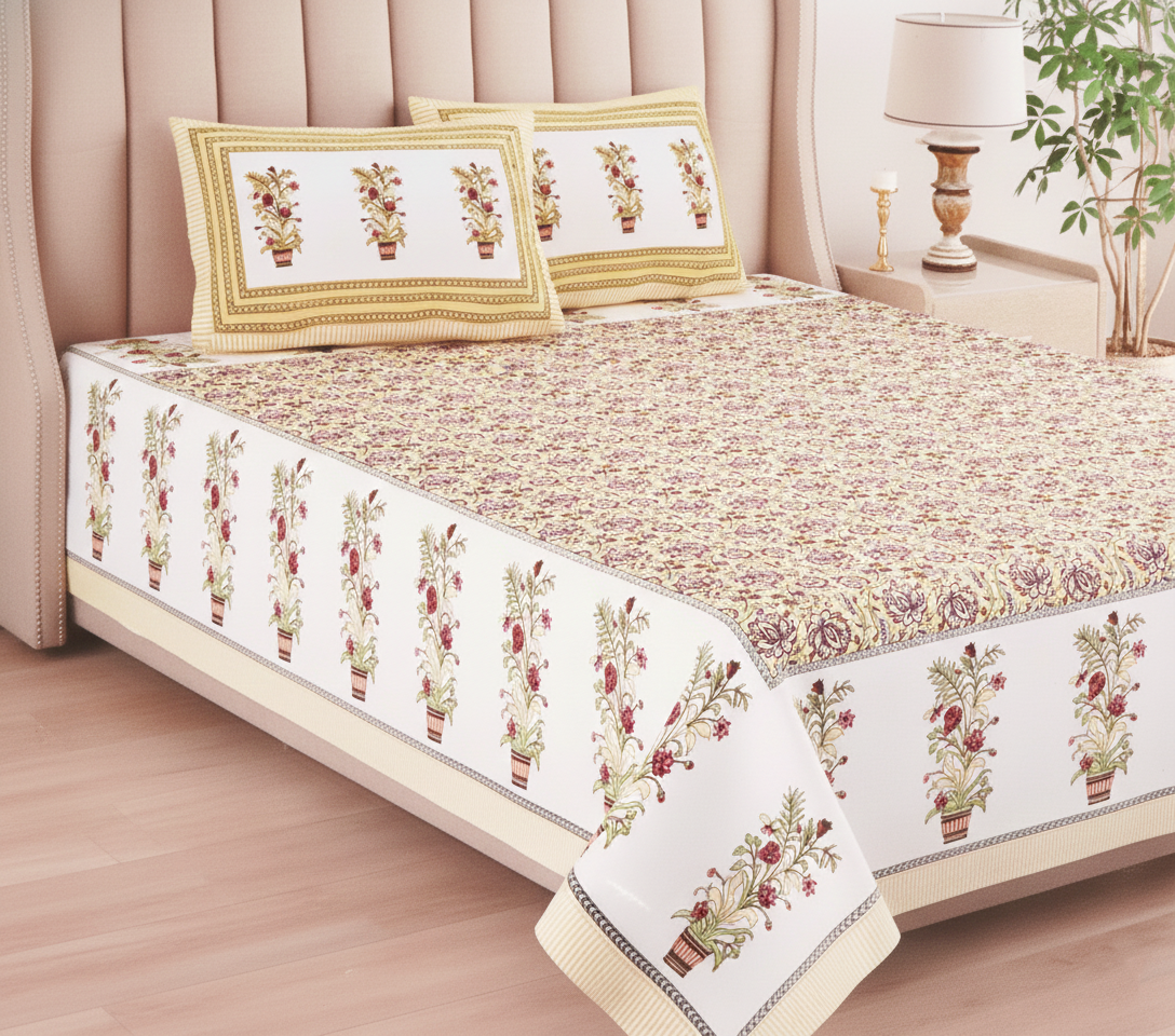 Artisan Bloom Floral Cotton Double Bedsheet Set