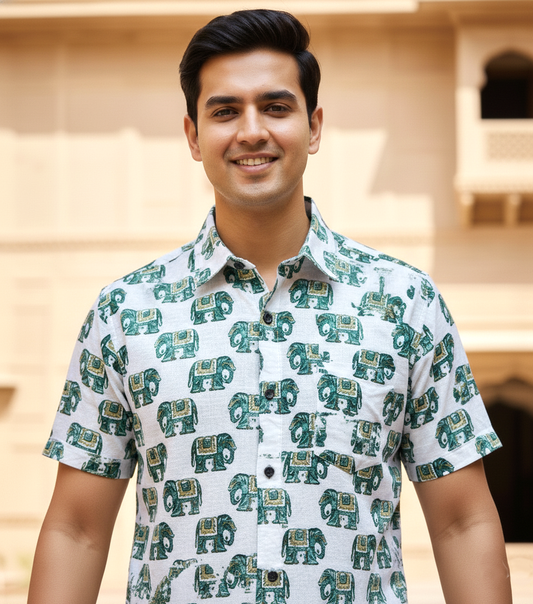 Men's Elephant Print Half-Sleeve Cotton Shirt