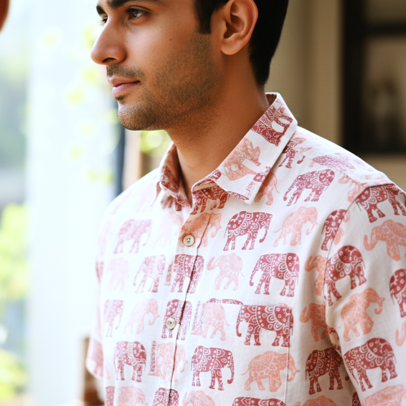 Men’s Pure Cotton Hand-Block Elephant Print Shirt