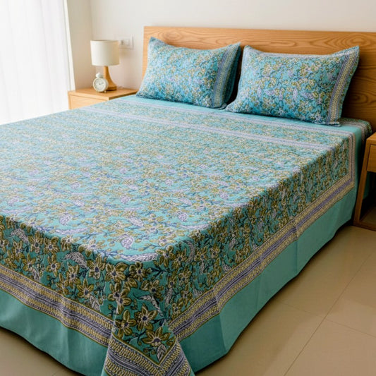 Lush Green Floral Cotton Bedsheet Set (95 X 108 Inches)