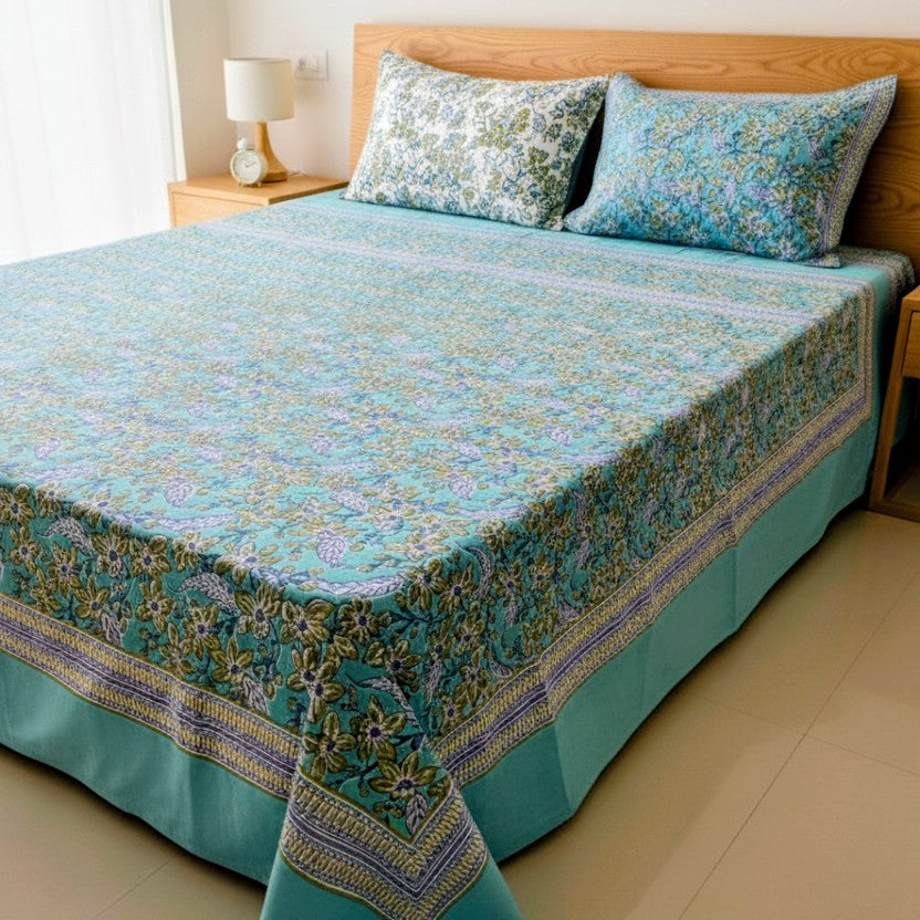 Lush Green Floral Cotton Bedsheet Set (95 X 108 Inches)