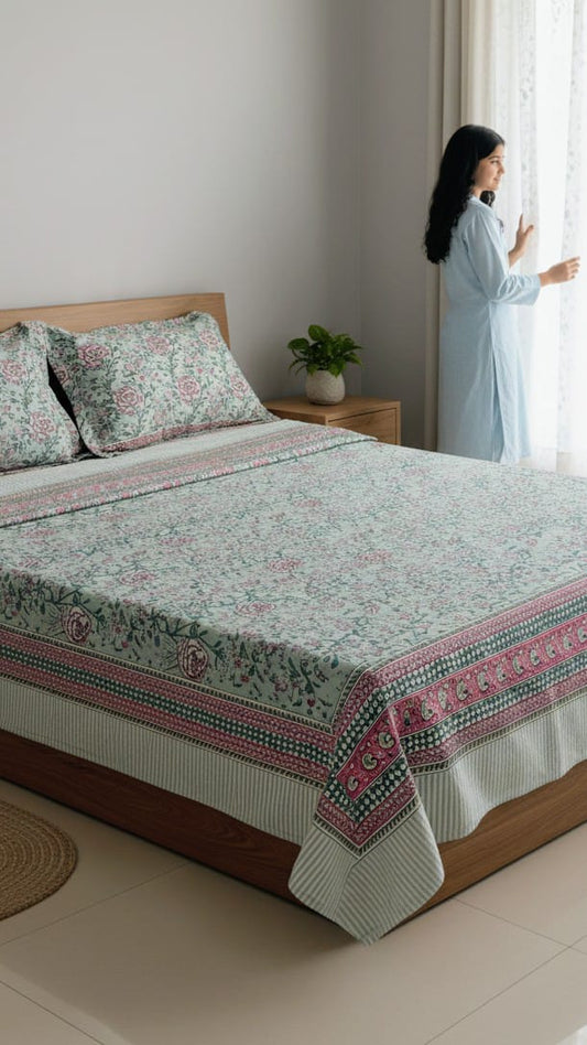 Green Floral Design Double Bedsheet
