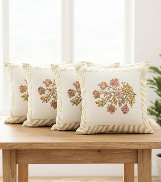 Handblock Floral Stripe Cushion Covers (Set of 5)