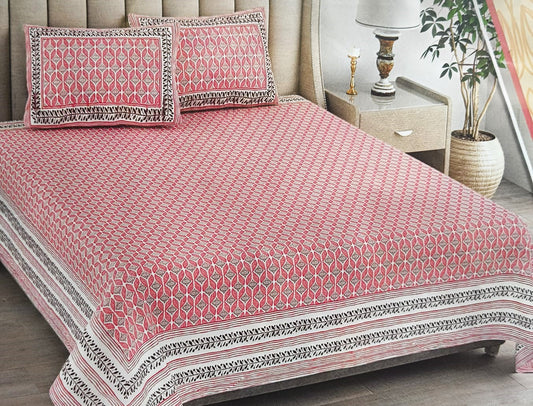 Jaipuri Pink Block Print Bedsheet Set (95 X 108 Inches)