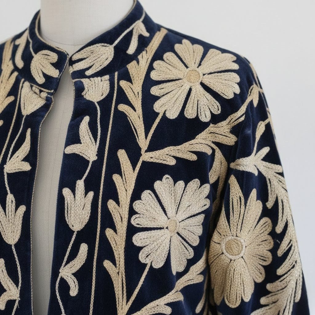 Dark Blue Velvet Jacket with Embroidery for Woman