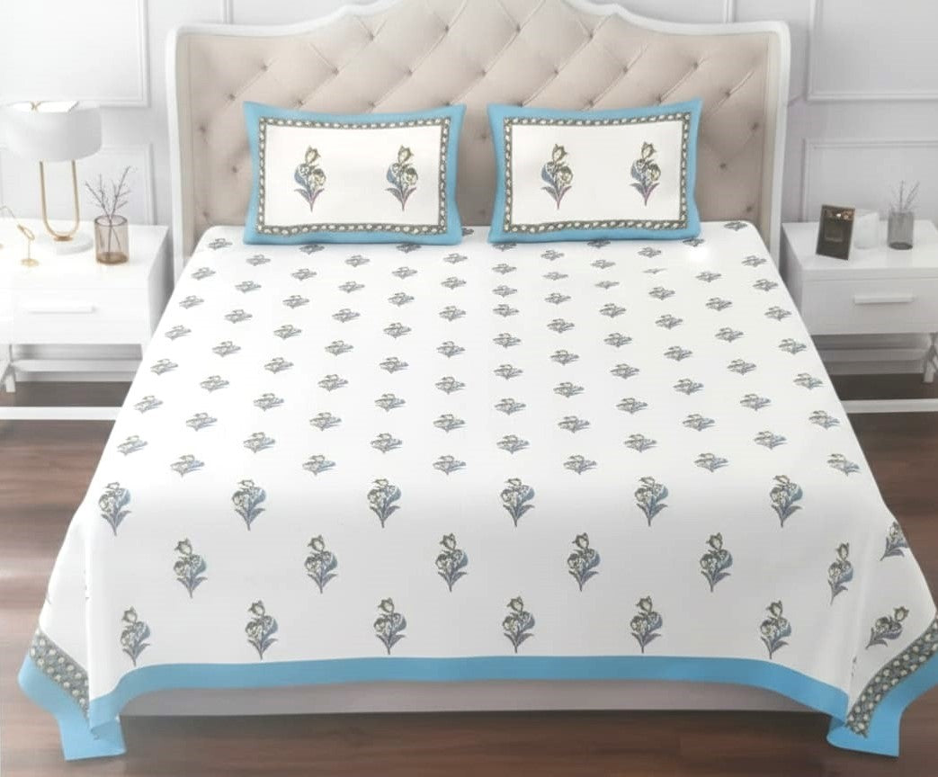 White Base Floral Bedsheet Set (95X108 Inches)