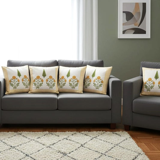 Hand-Block Print Mustard Floral Cotton Cushion Covers | 16x16"