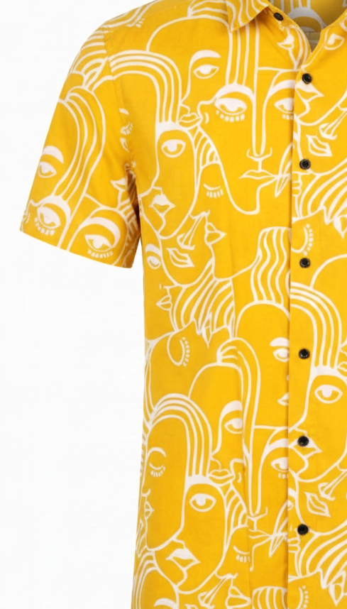 Mustard Yellow Abstract Face Art Men's Shirt