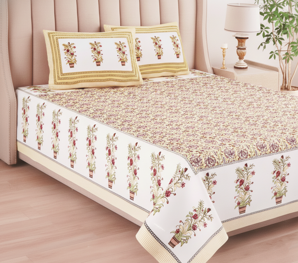 Artisan Bloom Floral Cotton Double Bedsheet Set