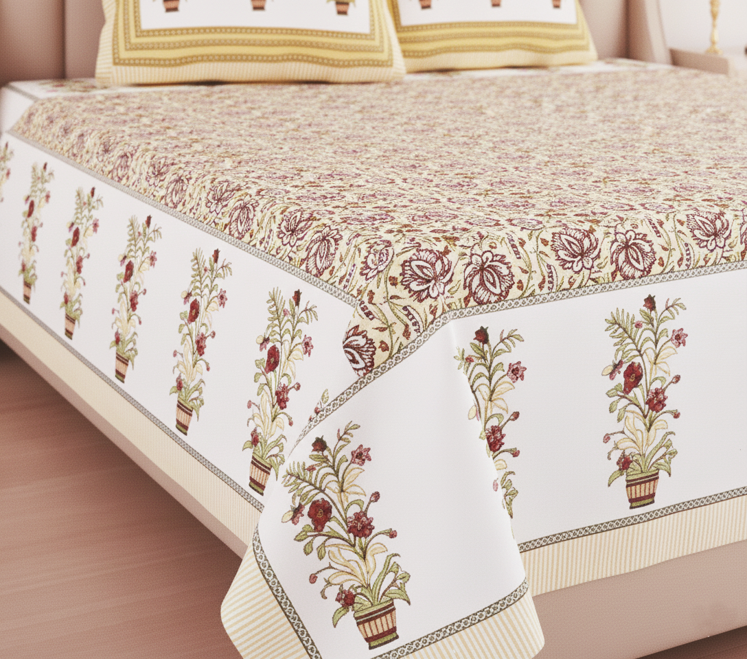 Artisan Bloom Floral Cotton Double Bedsheet Set