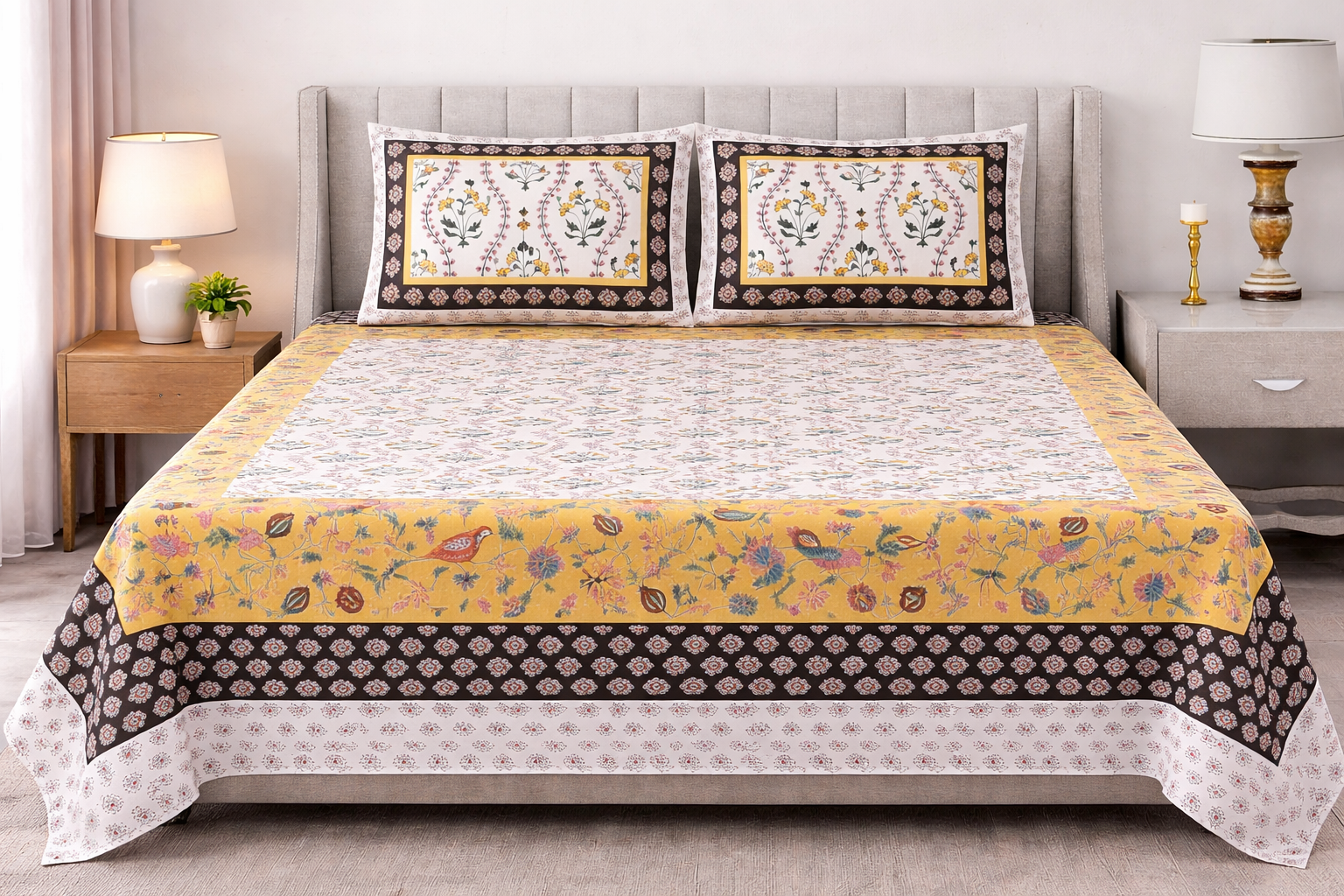 Bird Print Cotton Double Bedsheet King Size Set | King Size 95X108 Inches