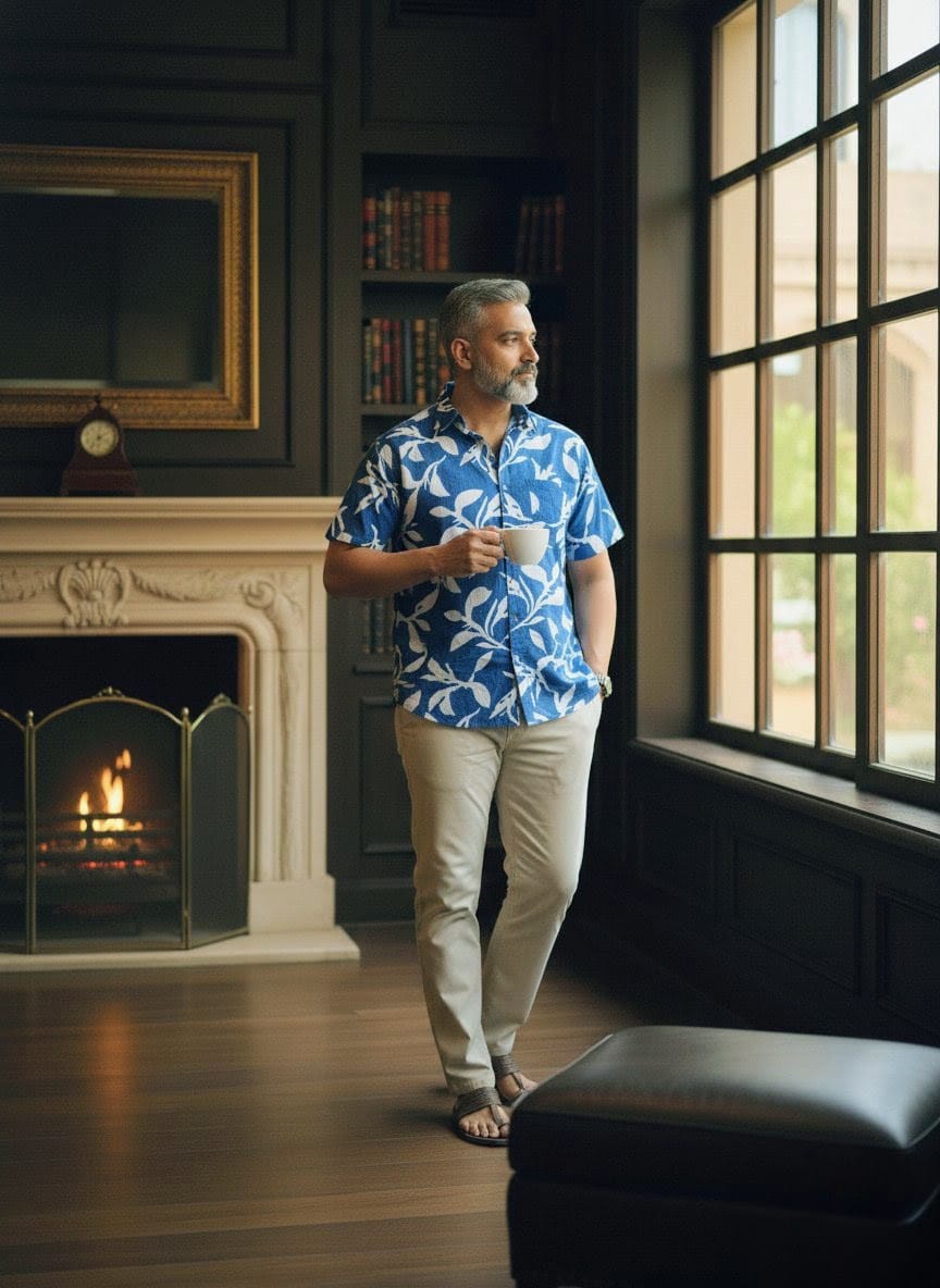 Men's Blue Floral Print Cotton Shirt