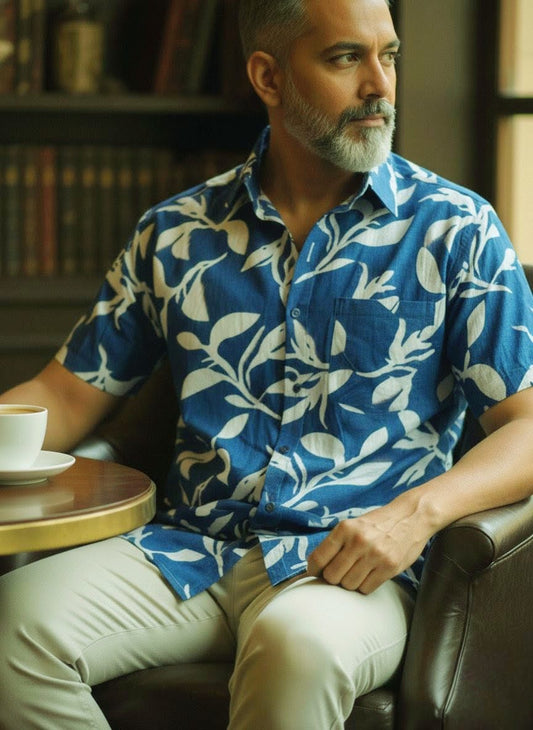 Men's Blue Floral Print Cotton Shirt