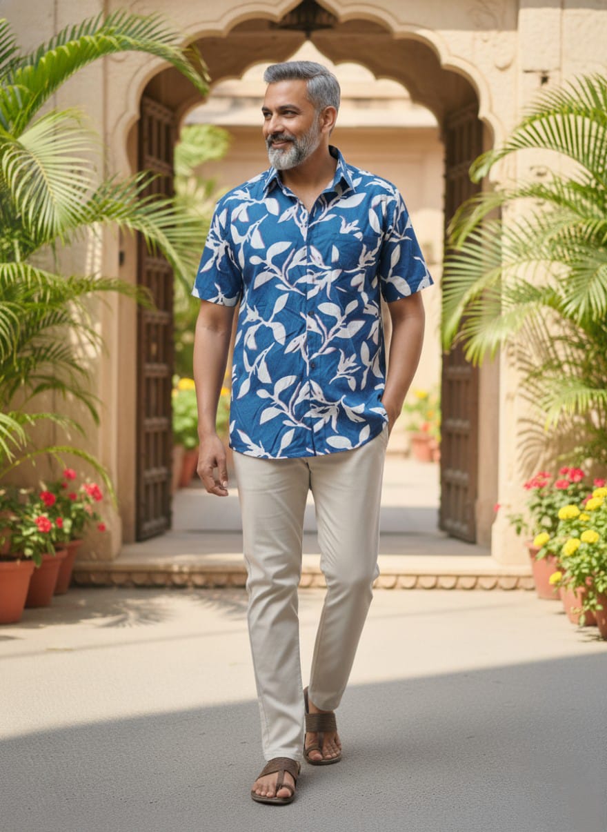 Men's Blue Floral Print Cotton Shirt