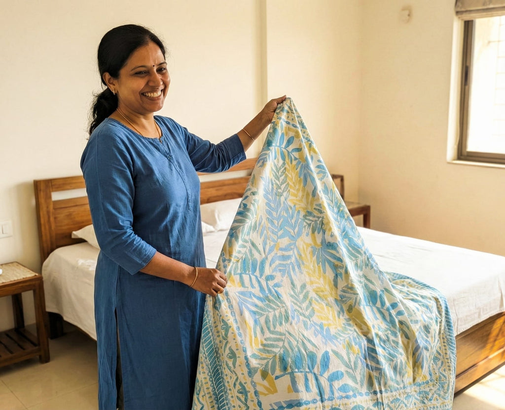 Jaipuri Floral 100% Cotton Bedsheet Set – Blue & Yellow (95×108 Inches)