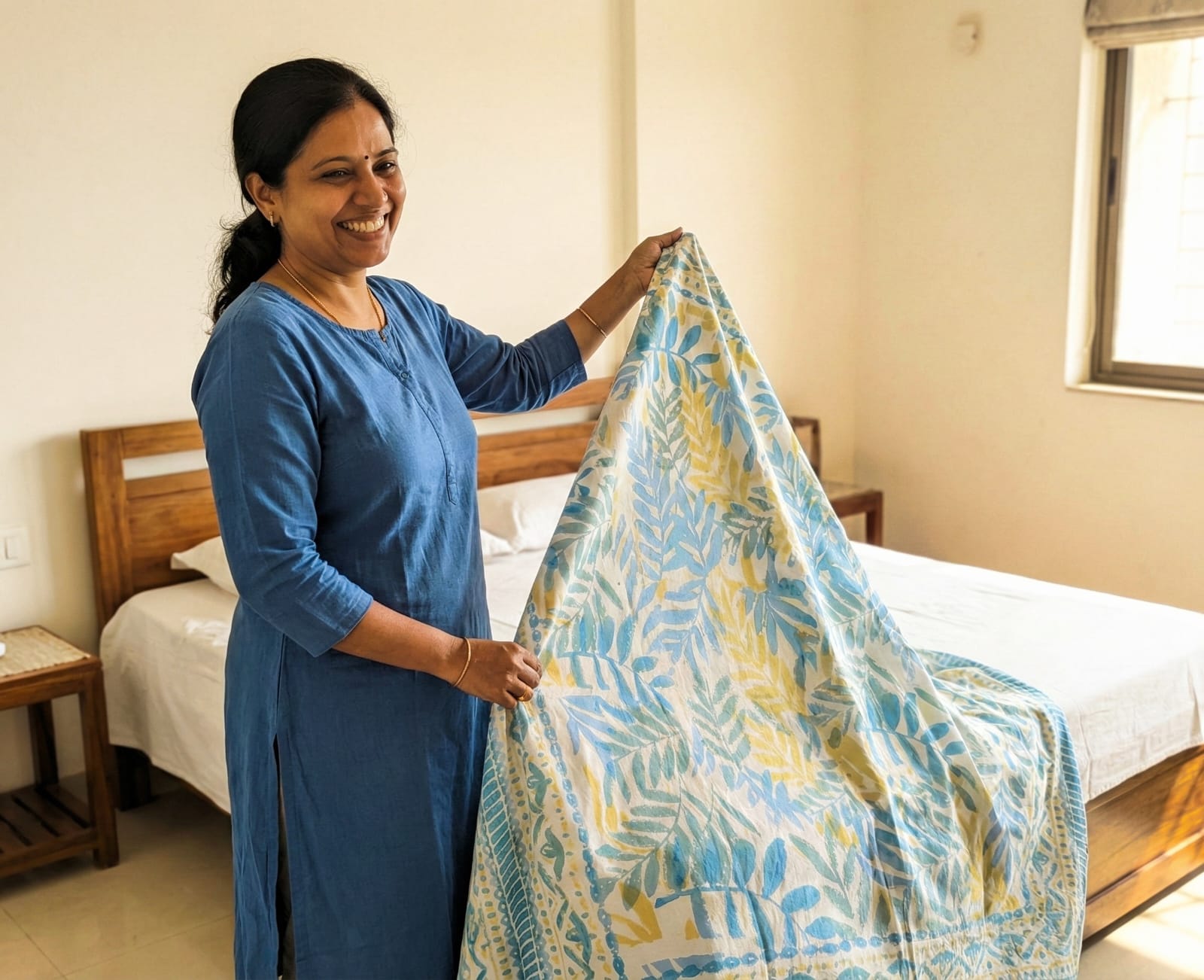 Jaipuri Floral 100% Cotton Bedsheet Set – Blue & Yellow (95×108 Inches)