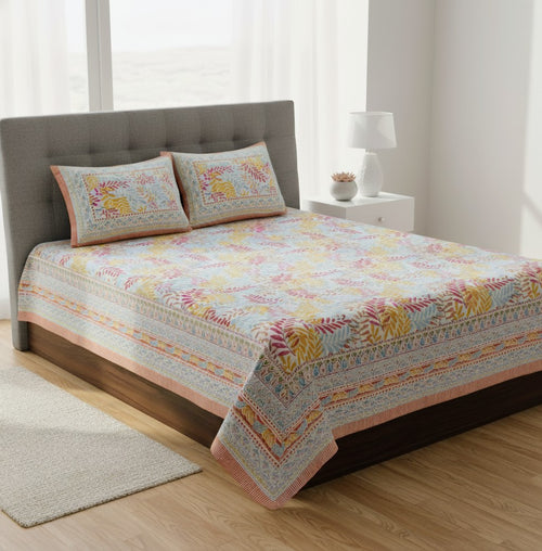 Bohemian Pastel Meadow Cotton Bedsheet Set- King Size (95X108 Inches)