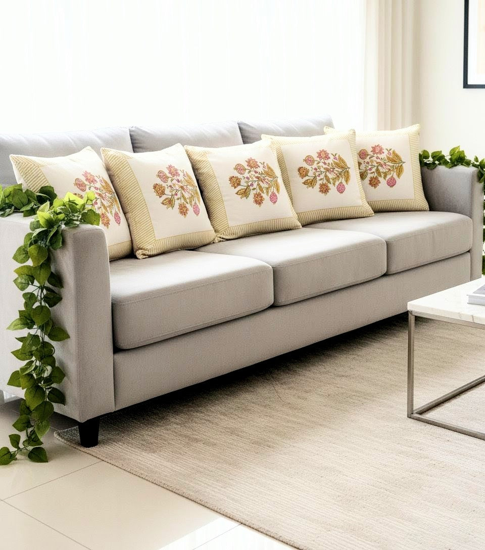 Handblock Floral Stripe Cushion Covers (Set of 5)