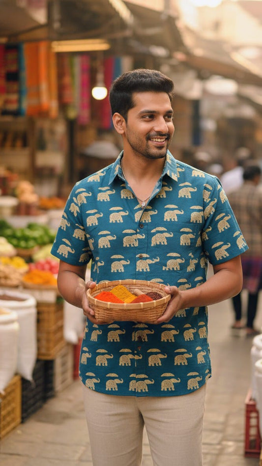 Men's Jaipuri Teal Elephant Print Cotton Shirt