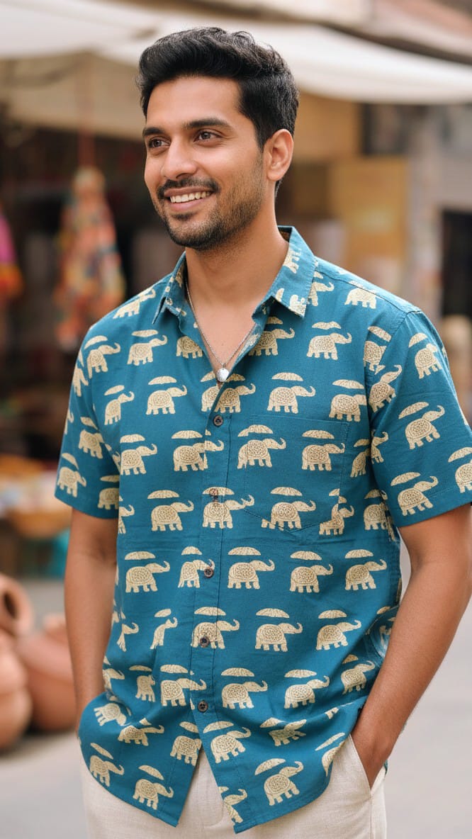 Men's Jaipuri Teal Elephant Print Cotton Shirt