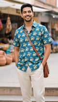 Men's Jaipuri Teal Elephant Print Cotton Shirt