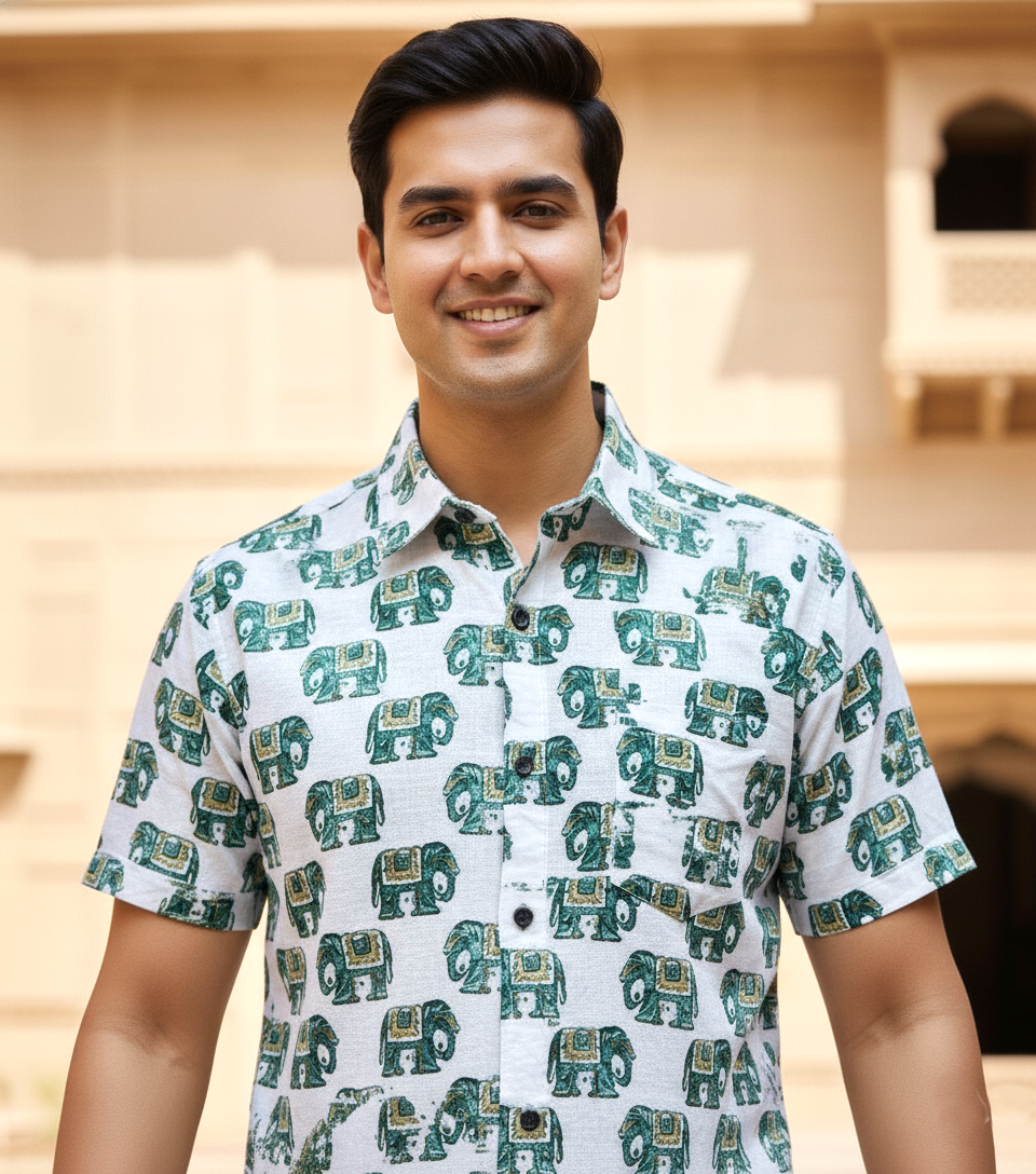 Men's Elephant Print Half-Sleeve Cotton Shirt