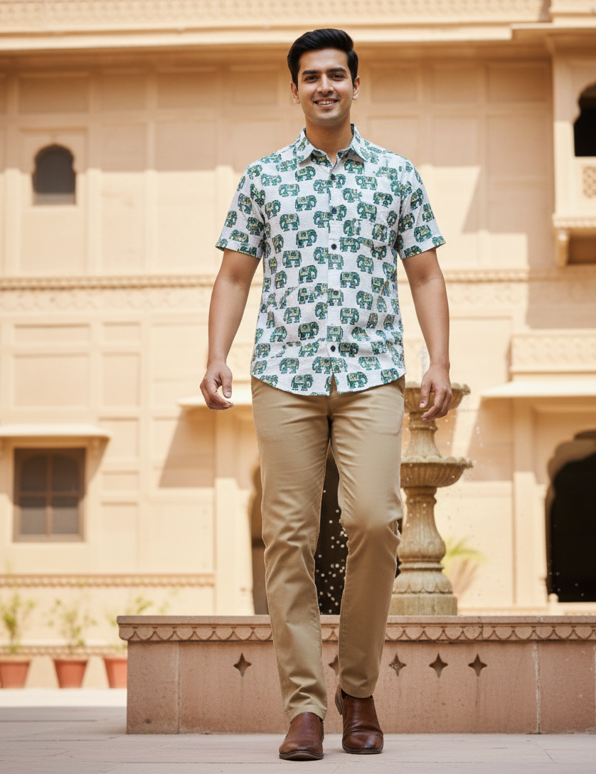 Men's Elephant Print Half-Sleeve Cotton Shirt