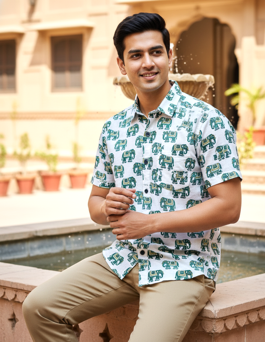 Men's Elephant Print Half-Sleeve Cotton Shirt