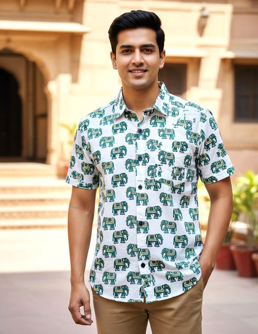 Men's Elephant Print Half-Sleeve Cotton Shirt