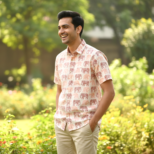 Men’s Pure Cotton Hand-Block Elephant Print Shirt
