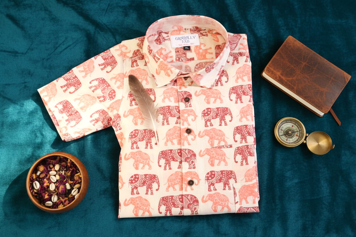 Men’s Pure Cotton Hand-Block Elephant Print Shirt