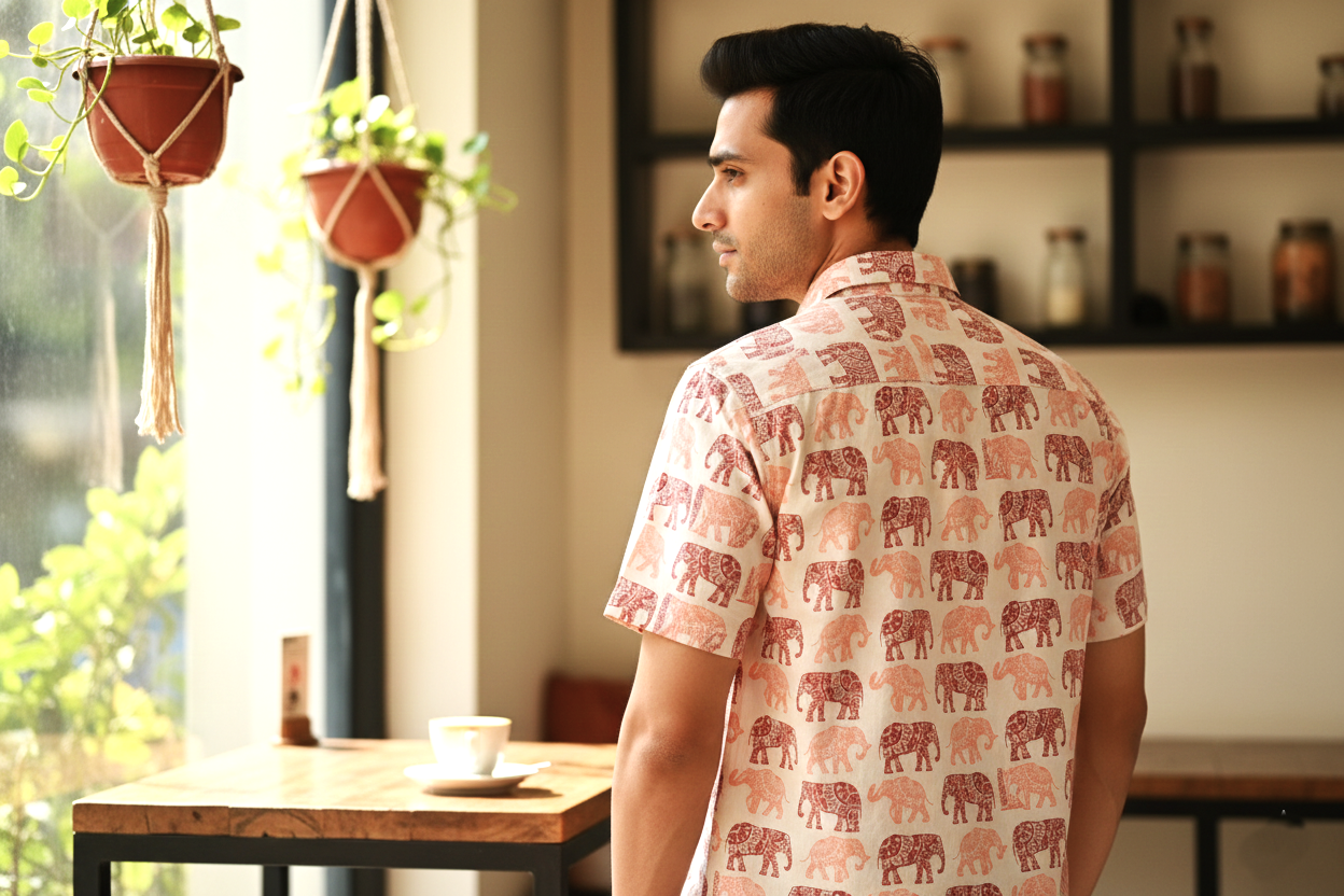 Men’s Pure Cotton Hand-Block Elephant Print Shirt