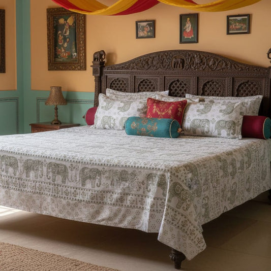 Elephant Heritage Cotton Bedsheet Set (95X108 Inches)