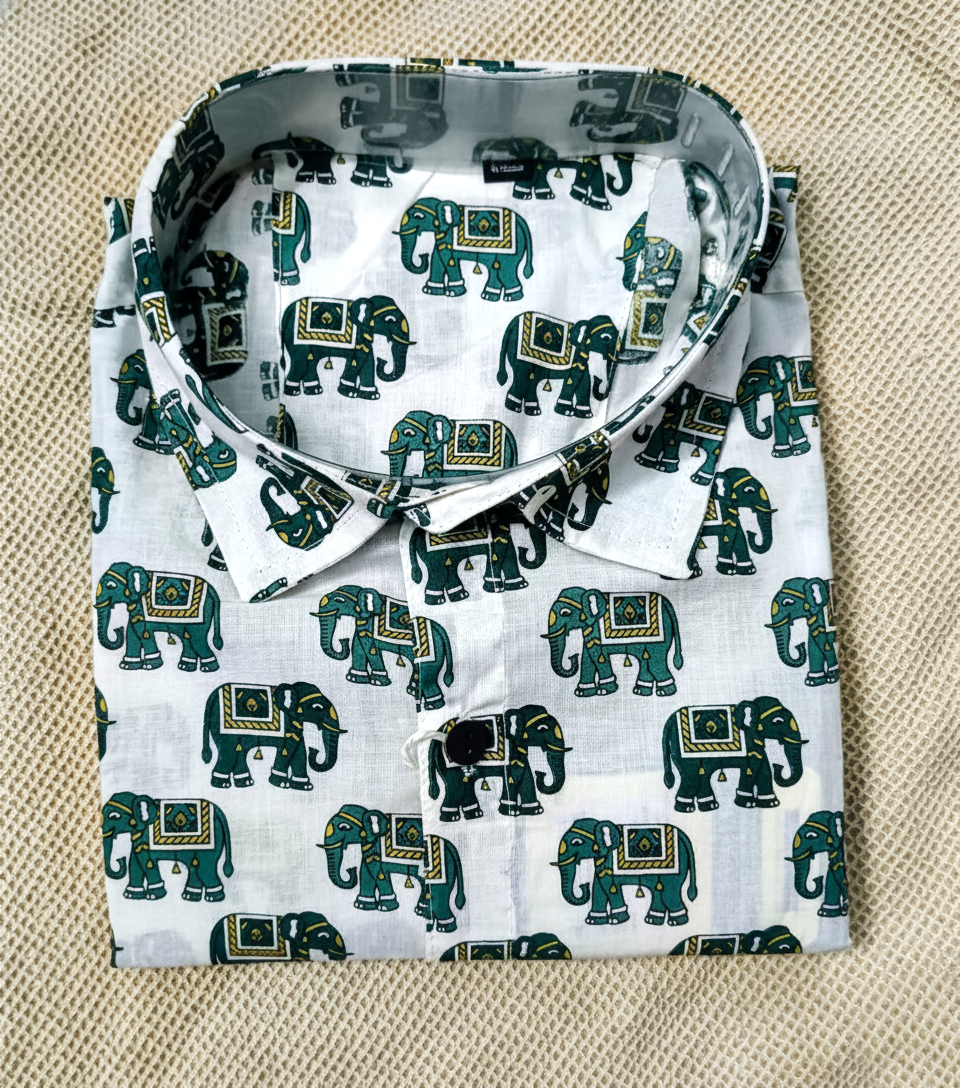 Men's Elephant Print Half-Sleeve Cotton Shirt
