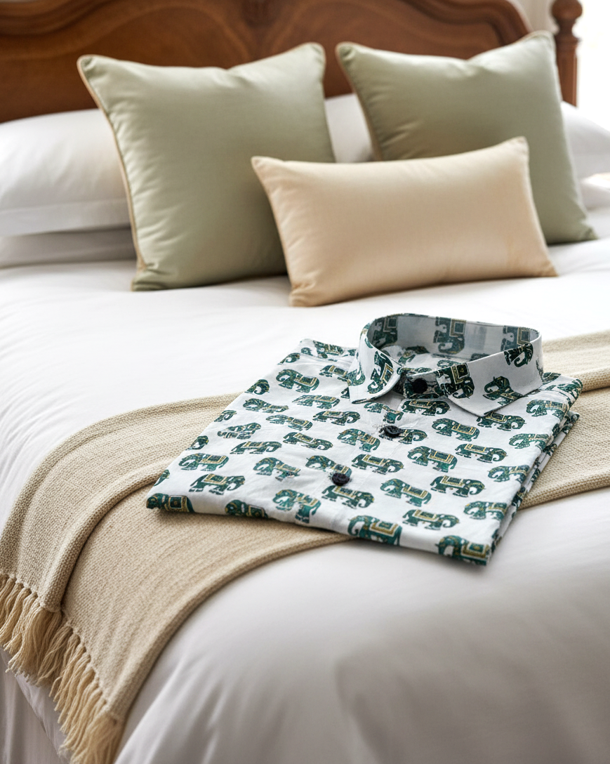 Men's Elephant Print Half-Sleeve Cotton Shirt