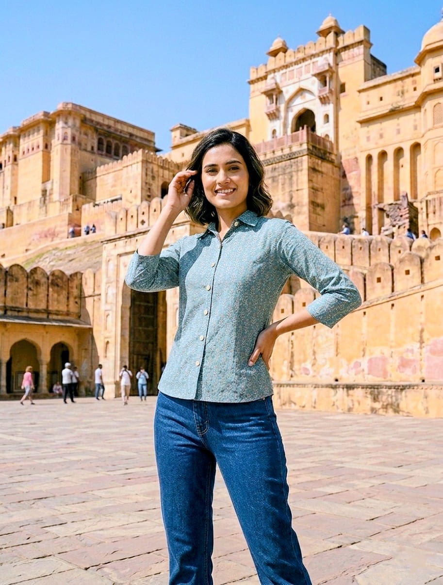 Green Floral Print Women Cotton Shirt