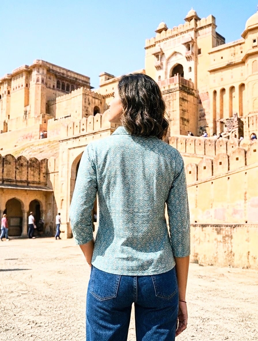 Green Floral Print Women Cotton Shirt