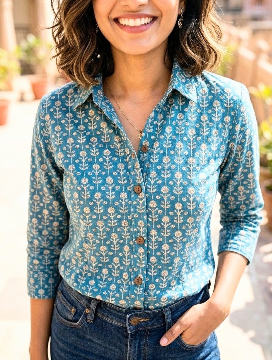 Green Floral Print Women Cotton Shirt