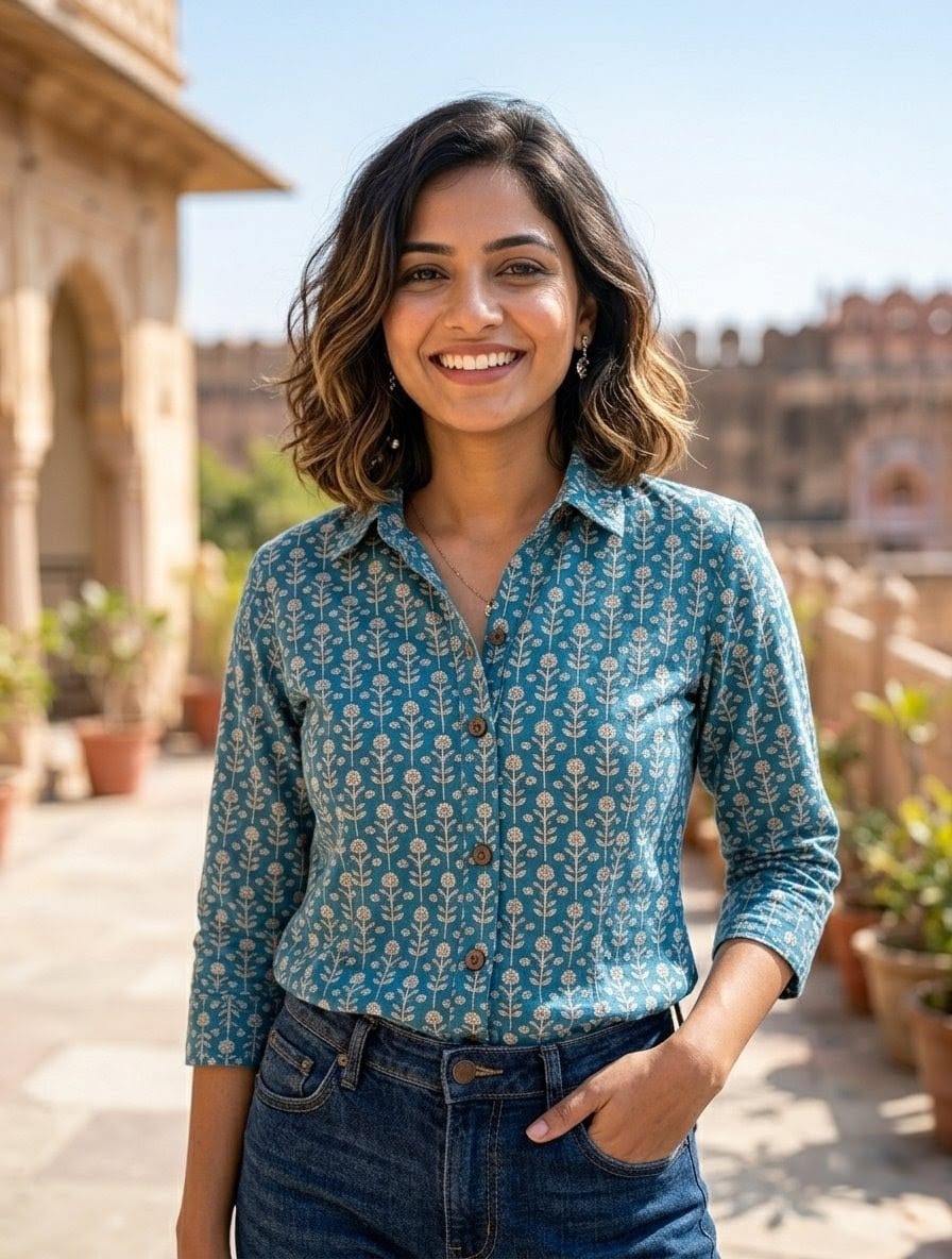 Green Floral Print Women Cotton Shirt