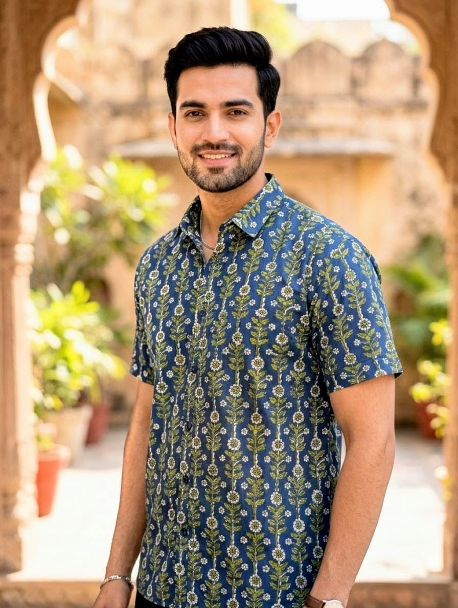 Green & Blue Floral Jaipuri Cotton Shirt for Men