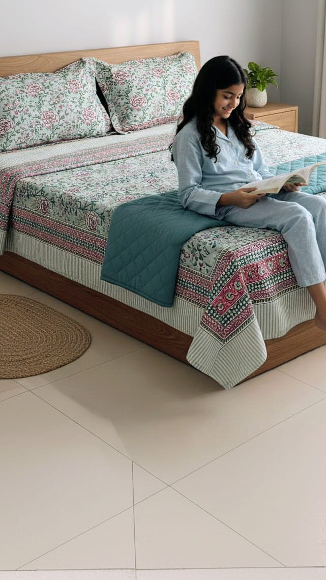 Green Floral Design Double Bedsheet