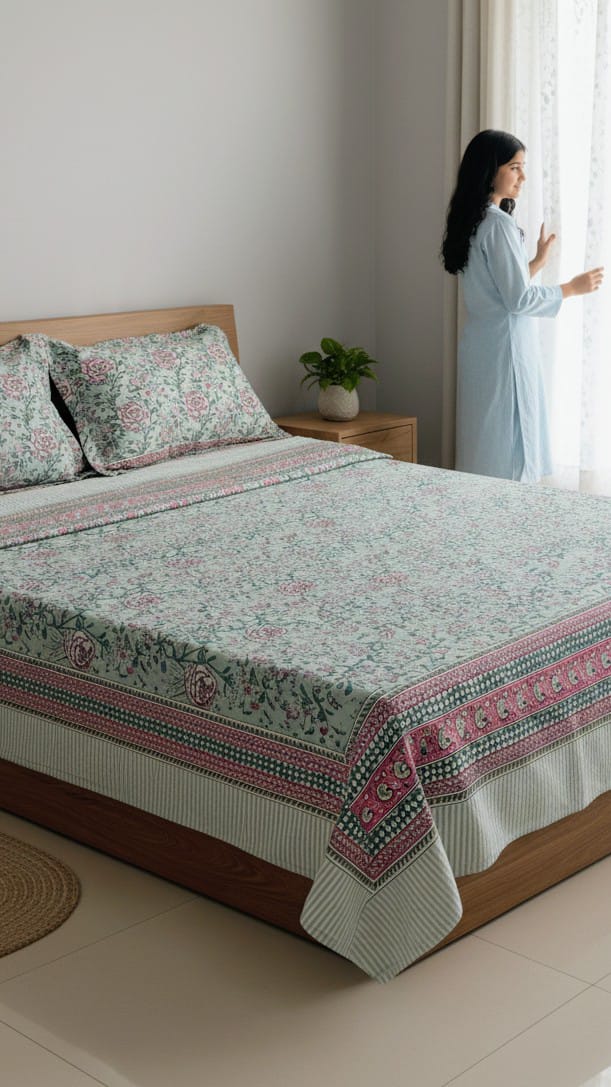 Green Floral Design Double Bedsheet