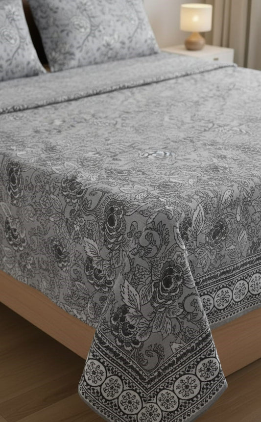 Grey Floral Design Double Bedsheet
