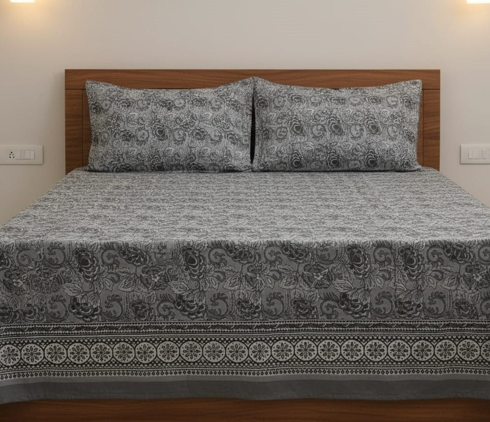 Grey Floral Design Double Bedsheet