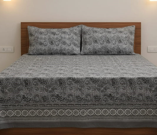 Grey Floral Design Double Bedsheet