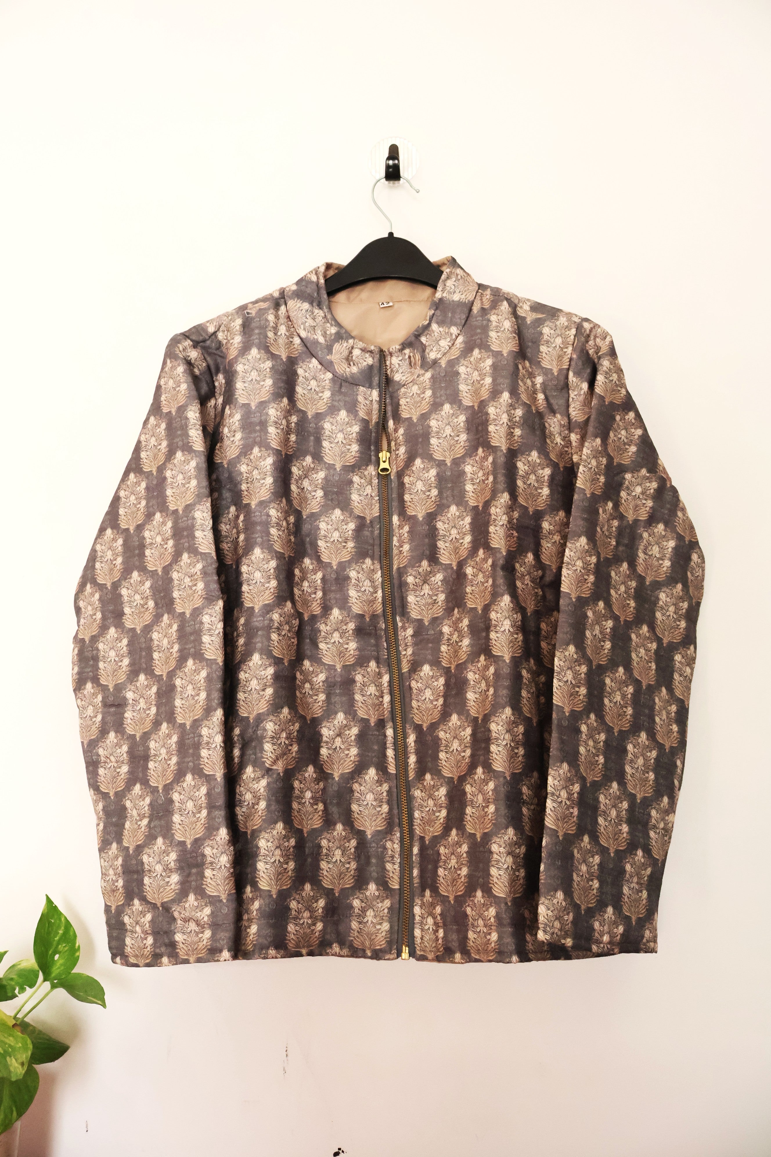 Charcoal Elegance Damask Quilted Silk-Blend Jacket