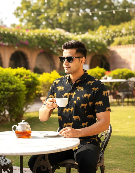 Men's Black Leopard Print Cotton Shirt
