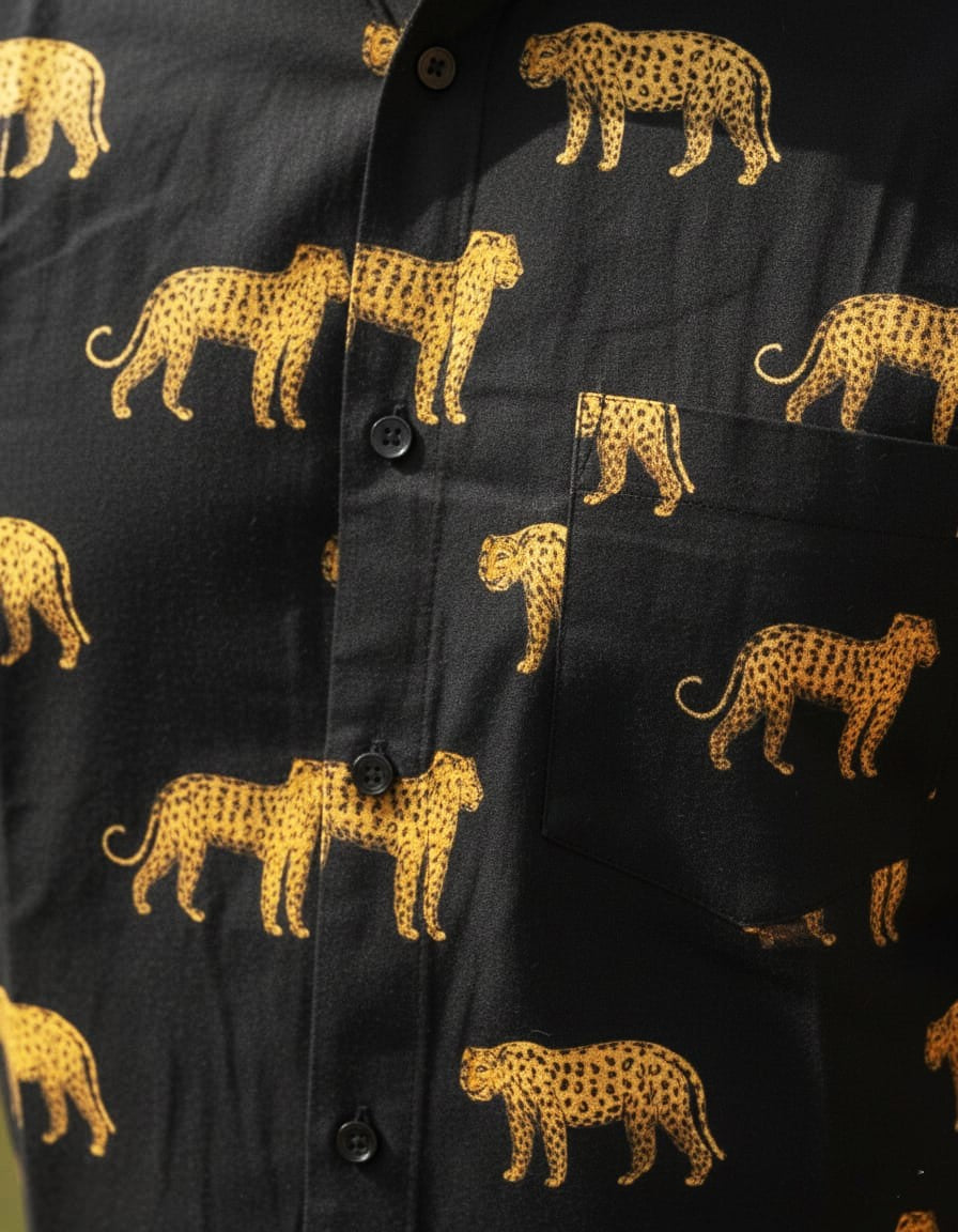 Men's Black Leopard Print Cotton Shirt