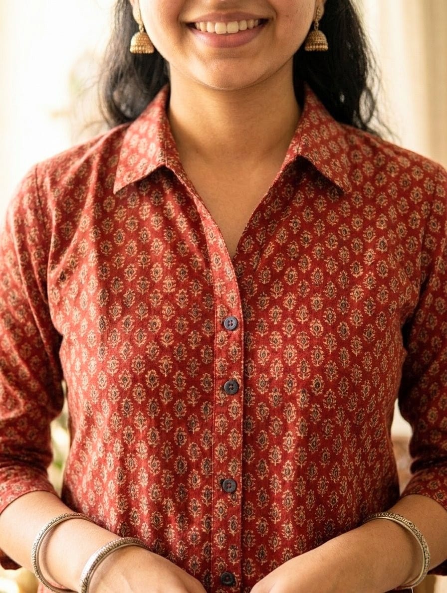 Floral Print Maroon Cotton Shirt for Women