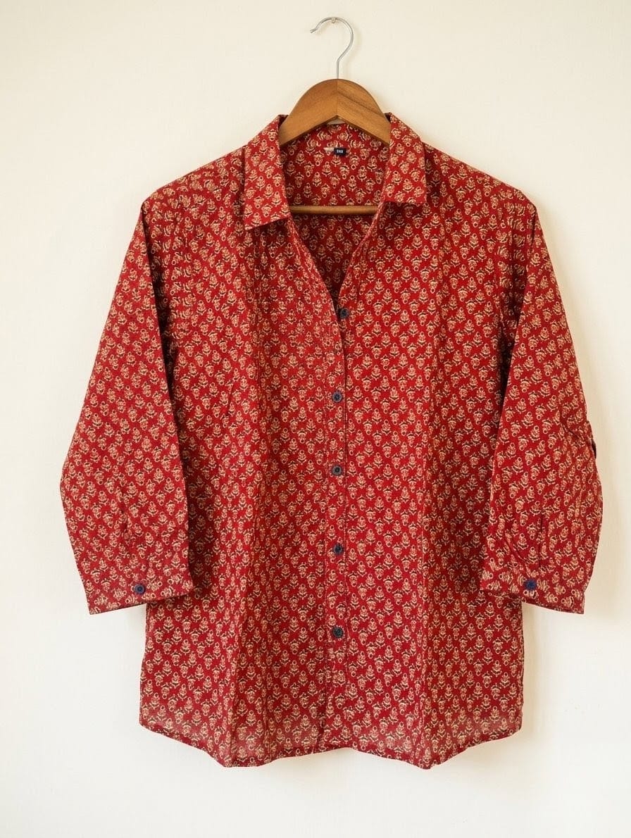 Floral Print Maroon Cotton Shirt for Women